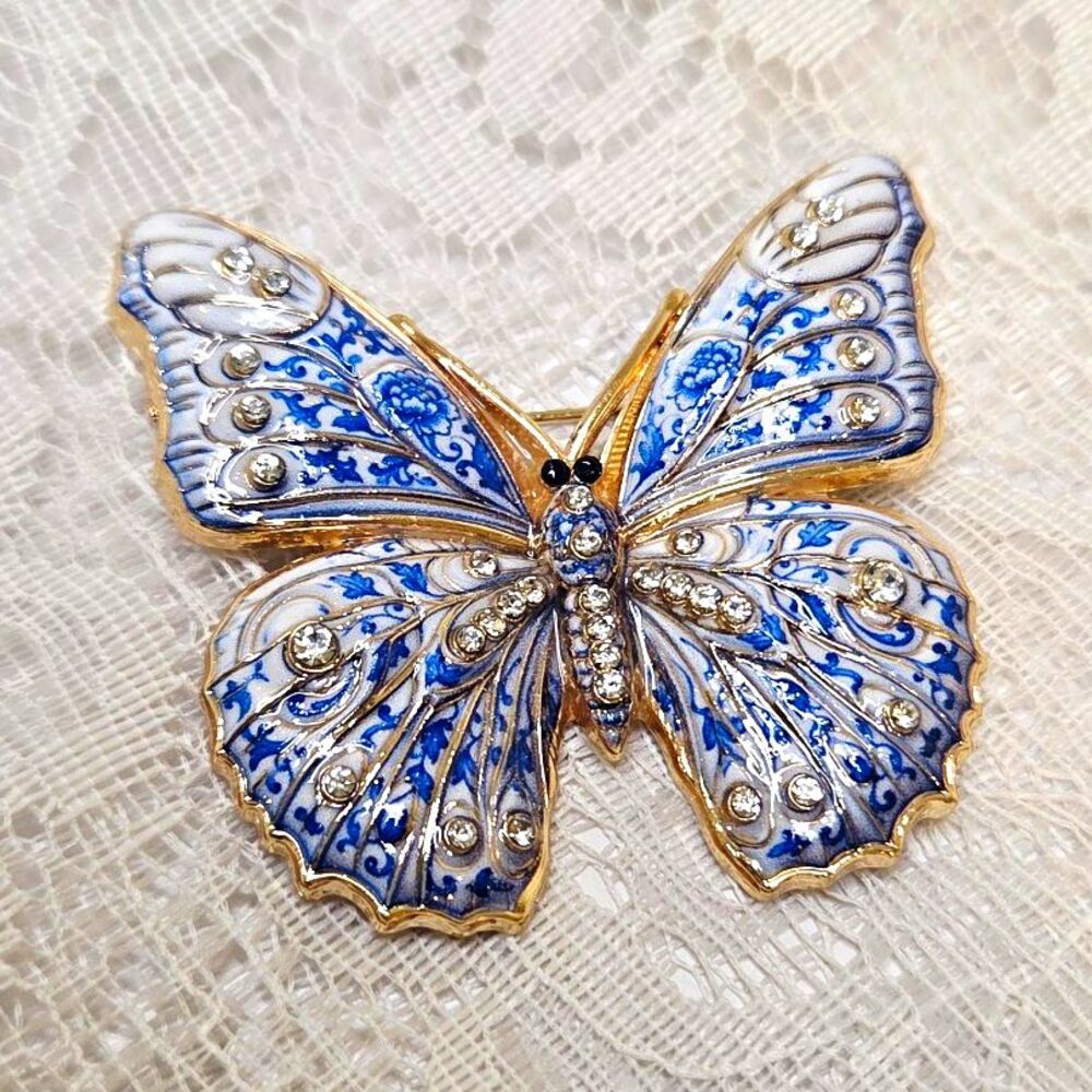 Gold Plated Blue White Enamel Butterfly Brooch Pin with Rhinestones